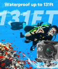 Diver underwater with 4K Action Camera With 20MP Photos, WiFi, EIS Stabilization, 131ft Waterproof, Remote Control, Black.