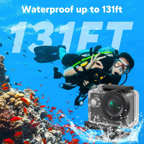 Diver underwater with 4K Action Camera With 20MP Photos, WiFi, EIS Stabilization, 131ft Waterproof, Remote Control, Black.