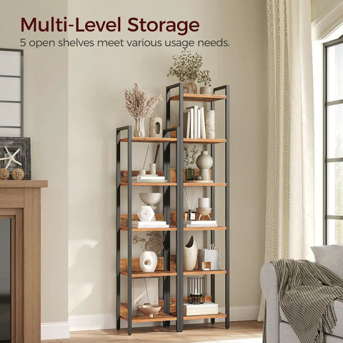 Keep Your Home Looking Fresh With This Five Tier Bookshelf, Tough As Nails Metal Standing Shelves For Tight Spaces, Rustic Brown And Black Storage Organizer That Always Delivers, featuring 5 open shelves.
