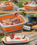 Collapsible BBQ Prep Tub With Lid XL 4.22 Gal Folding Cutting Board And Food Basin For Outdoor Grillin in use for marinating and slicing