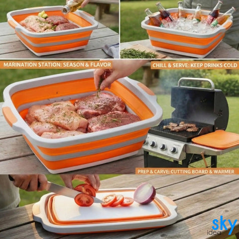 Collapsible BBQ Prep Tub With Lid XL 4.22 Gal Folding Cutting Board And Food Basin For Outdoor Grillin in use for marinating and slicing