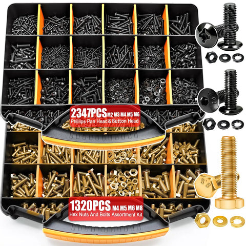 Two Box Metric Hardware Kit with 3667 pieces of bolts, nuts, washers, screws; Phillips pan head, hex bolts; DIY projects
