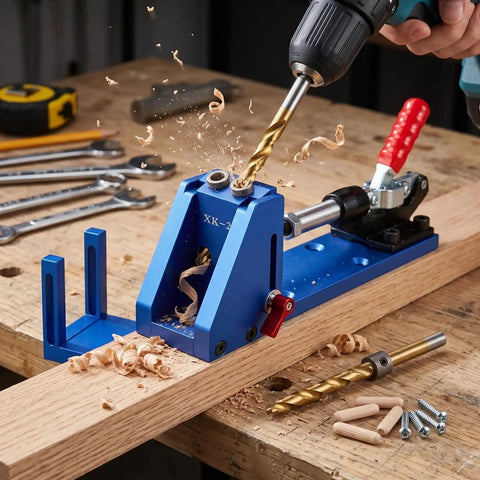 Heavy Duty Pocket Hole Jig Kit With Adjustable Depth Clamp For Cabinetry And Furniture Repair Includes Drill Bushings Wood Plugs Screws And Boring Tool, blue jig on wood board