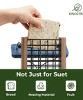 Double Capacity Tail Prop Suet Bird Feeder for Outdoor Hanging Made From Recycled Plastic Sturdy and Durable with Two Sided Wire Mesh Perfect for Woodpeckers and Clinging Birds Blue, shown with a hand placing suet cake