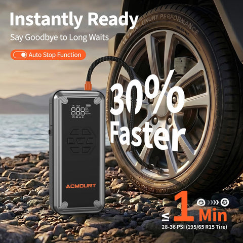 W160 Jump Starter With Air Compressor inflating car tire next to a vehicle on a rocky landscape