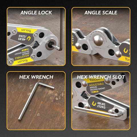 TOOLIOM adjustable welding magnet with 20°–200° angle range, 48 lb pull, hex wrench included