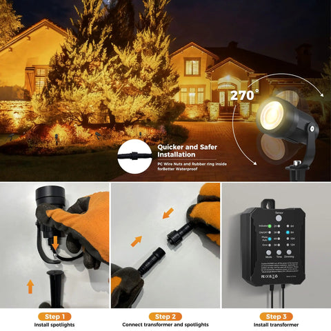 Installation steps for All-In-One Low Voltage Landscape Lighting Kit 8 Pack 5W Die-Cast Aluminum Outdoor Spotlights With 40W Transformer.