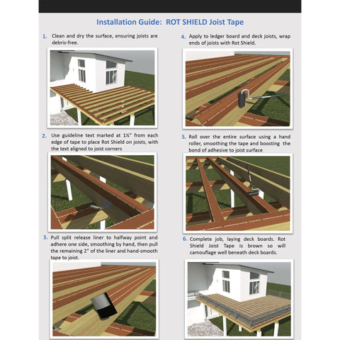 Installation guide for Rot Shield Joist Tape for wood decks showing steps 1 to 6 with images. 4 inch wide tape application.