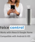 Woman using phone with smart speaker for Smart Plug With WiFi And Bluetooth Power Metering, Remote Control And Countdown Timer.