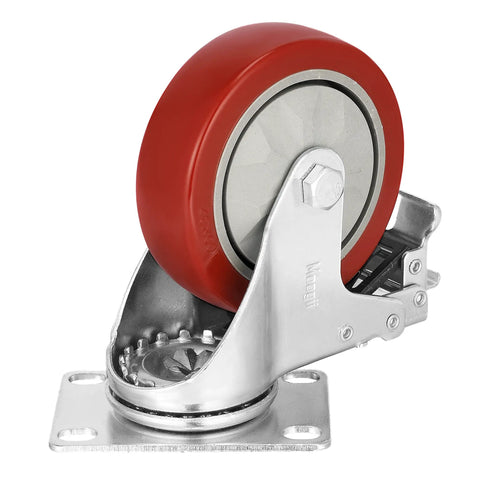 4 Inch Heavy Duty Casters With Dual Locking Swivel Wheels And Non Marking Polyurethane Tires For Shock Absorbing Glide, red tire