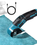 Tyimble Cordless Electric Scissors Heavy Duty Cardboard Cutter With Brushless Motor And Usb C Charging Includes 2 Tungsten Blades For Diy Crafting And Industrial Use High Efficiency Cutting Fabric Leather Carpet cutting a blue textured fabric.