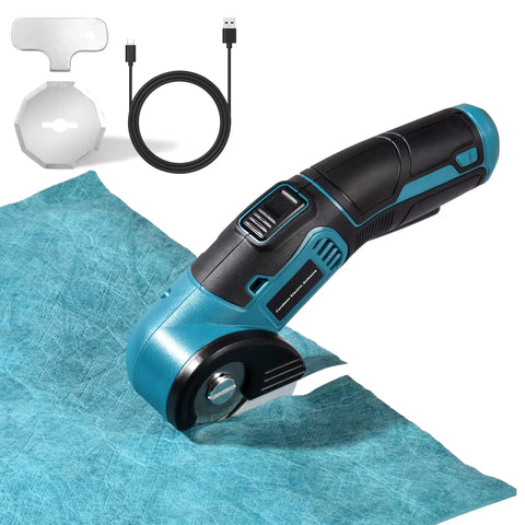 Tyimble Cordless Electric Scissors Heavy Duty Cardboard Cutter With Brushless Motor And Usb C Charging Includes 2 Tungsten Blades For Diy Crafting And Industrial Use High Efficiency Cutting Fabric Leather Carpet cutting a blue textured fabric.