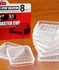 Set of clear 2-inch furniture coasters for hardwood floors, stack of square non-slip rubber pads with packaging