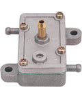 Fuel pump for small engines; silver metal housing with brass outlet and mounting lugs.