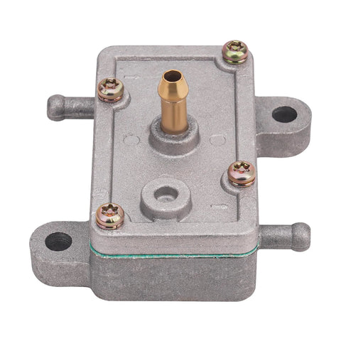 Fuel pump for small engines; silver metal housing with brass outlet and mounting lugs.