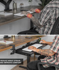 User typing at desk with Under Desk Keyboard Tray 30 Inch Extra Wide Slide Out Drawer No Drill Clamp Mount Holds 11 Lbs Fits Desks Up To 1.77 Inches Thick