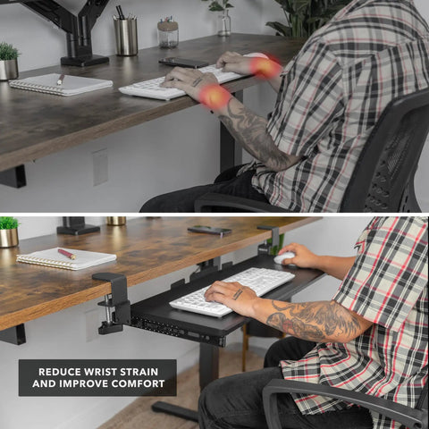 User typing at desk with Under Desk Keyboard Tray 30 Inch Extra Wide Slide Out Drawer No Drill Clamp Mount Holds 11 Lbs Fits Desks Up To 1.77 Inches Thick
