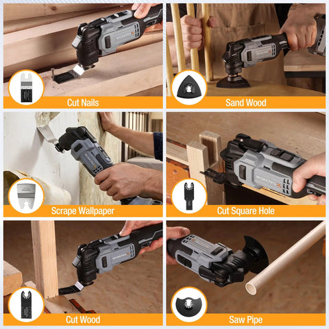 20V Brushless Cordless Oscillating Multi Tool Kit With Quick Change Accessories, Variable Speed Control, Lightweight Design, Long Battery Life For Cutting, Sanding, Grinding, Trimming And Detail Work For Diyers On The Job. used to cut nails, sand wood, scrape wallpaper, cut square holes, cut wood and saw pipe