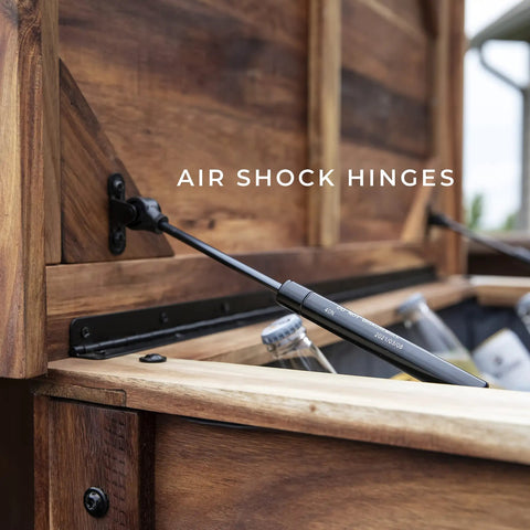 Close-up of Acacia Wood Patio Cooler with air shock hinges, 100 Qt capacity ice chest with easy open lid and TPE insulated liner.