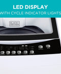 Front view of Black+Decker 3.0 cu ft portable washer, white with transparent lid and LED display.