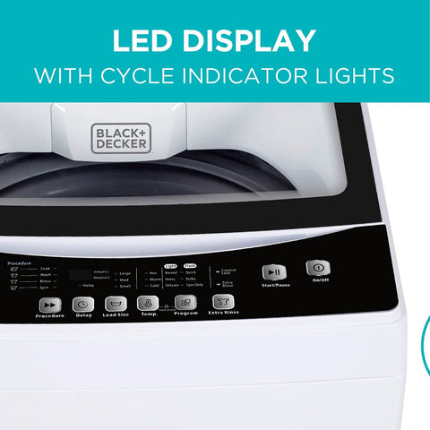 Front view of Black+Decker 3.0 cu ft portable washer, white with transparent lid and LED display.