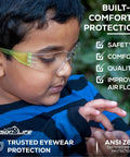 Assorted Color Kids Safety Glasses 12 Pack Over Glasses Design With Ansi Z87 Rating For Youth providing soft TR90 frames on a child.