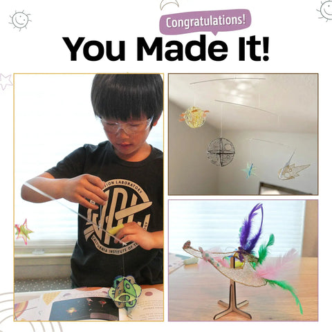 Balancing Bird And 4-In-1 Space Mobile STEM Kit For 3D Pens, two kids making 3D pen models