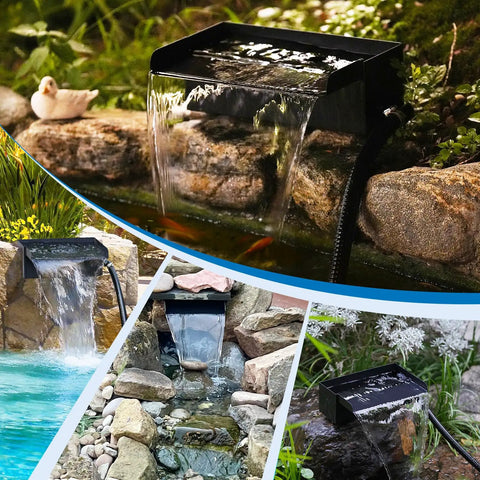 12 Inch Waterfall Spillway Kit With 304 Stainless Steel Spillway Box 40W 660GPH Submersible Pump 9.8Ft Tubing in garden pond settings