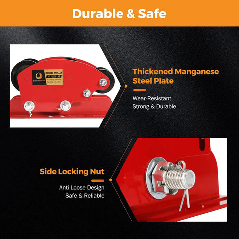 1 Ton I Beam Manual Trolley With Geared Push Operation For Overhead Hoist Heavy Duty 6 Wheel Wide Flange Track Smooth Rolling And Secure Lock Nut