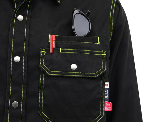 Heavy Duty Flame Resistant Work Shirt For Men Features Slick Brushed Cotton Cut With Snap Down Collar And Stain Repellent Finish pocket detail
