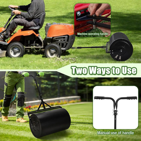 24 Inch Compost Spreader And 23 Gallon Lawn Roller 2 In 1 Combo Kit With Shared Mounting Frame in push and tow design