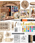 All In One Wood Burning Kit With Adjustable Temperature Pen 81 Piece Pyrography Set For Wood Leather Foam And Fabric Includes 14 Tips And Case Ideal Gift For Adults And Teens Beginner Friendly visible with components laid out.