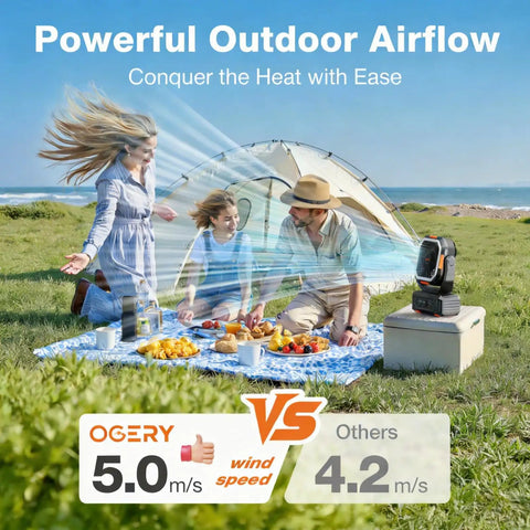 Family enjoying picnic with Portable Camping Fan With 20000mAh Battery Remote And Led Lantern by a tent on a grassy hill