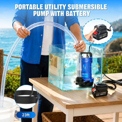 Heavy Hitter Cordless Submersible Utility Pump With 1Hp Brushless Motor Shifts 2113Gph Swiftly Battery Powered Transfer Pump in clear water tank