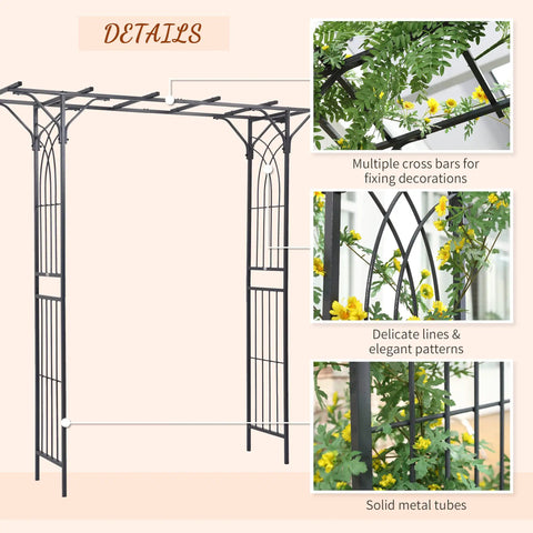 82 Inch Metal Garden Trellis Arch With Durable Steel Tubing And Elegant Scrollwork, Weather Resistant Gray Finish detail view