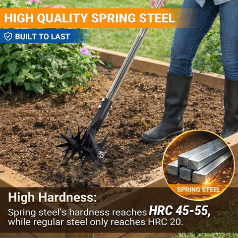 66 Inch Rotary Cultivator With Tempered Spring Steel Tines And Adjustable Stainless Steel Handle in garden use