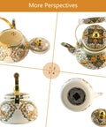 Floral Enamel Tea Kettle With Ceramic Handle Two And A Half Liter Capacity Vintage Gold Beige Boho Porcelain Teapot For Stovetop Tea Or Coffee Colorful Kitchen Decor shown in multiple angles, featuring floral patterns and a ceramic handle.