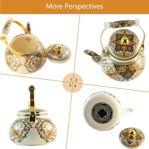 Floral Enamel Tea Kettle With Ceramic Handle Two And A Half Liter Capacity Vintage Gold Beige Boho Porcelain Teapot For Stovetop Tea Or Coffee Colorful Kitchen Decor shown in multiple angles, featuring floral patterns and a ceramic handle.