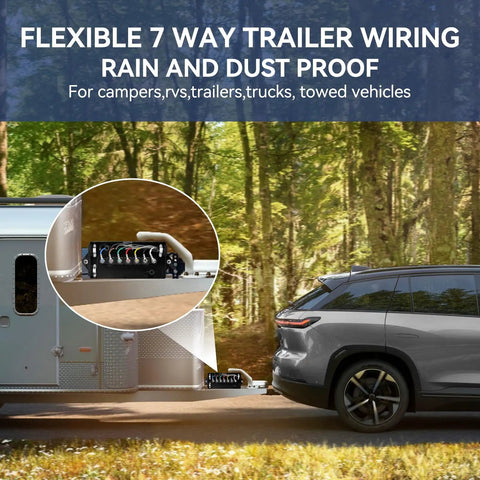 Heavy Duty 6 Foot 7 Pin Trailer Wiring Harness Kit Featuring Bulletproof 7 Gang Junction Box And Premium Pure Copper Conductors For Hassle Free RV Truck Camping Towing Setup with junction box attached to a vehicle.