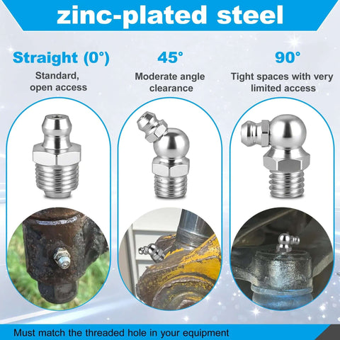 Grab This 105PC Grease Fittings Kit With Metric And Sae Zerks For All Your Daily Maintenance Chores It Includes M6 M8 M10 And Threads To Keep Your Gear Lubed And Running Smooth Like New Without Any Hiccups. zinc-plated steel grease zerk fittings, straight 45° 90°