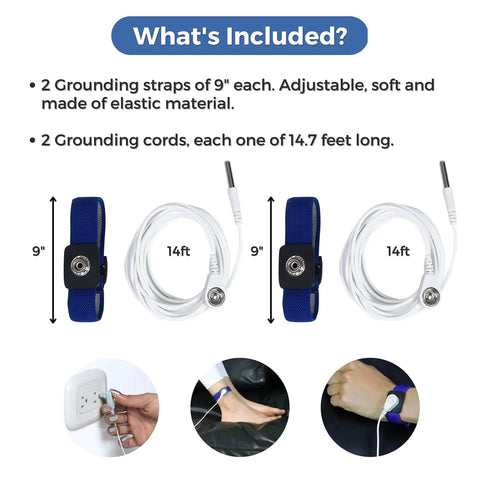 EMF Shield Grounding Kit With 2 Cords And 2 Wrist Straps For Home Or Office components with lengths indicated, 14.7 ft cords.