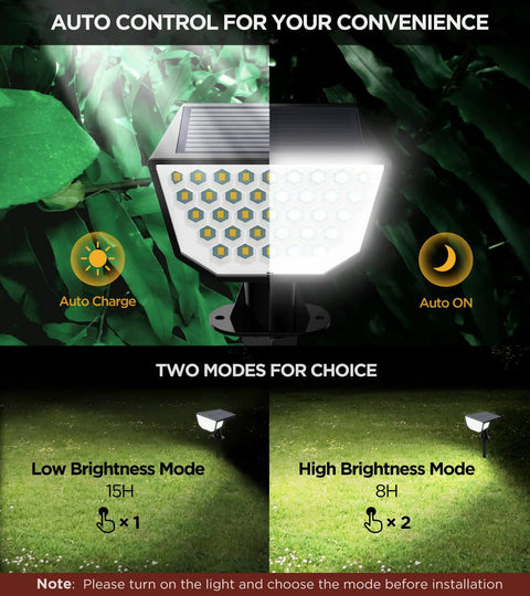 2 Pack Super Bright Solar Spot Lights Outdoor For Your Lit Yard And Pathway 47 LEDs With A 300 Degree Wide Angle IP65 Waterproof Solar Powered Cool White Lighting showing charging and brightness modes.