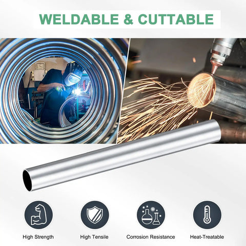 Two Pack 12 Inch 6063 Aluminum Round Tube With 1.14 Inch Inner Diameter And 1.26 Inch Outer Diameter Seamless Straight Pipe For Construction Machining DIY Crafts Garden Builds And Architectural Models displayed with welding and cutting visuals