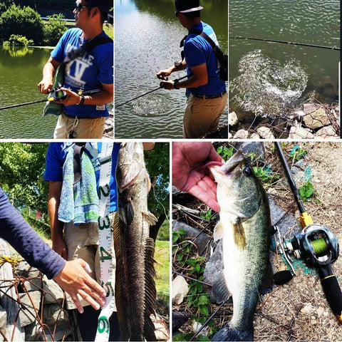 Telescopic Fishing Rod And Baitcasting Reel Combo With 4 Sections Carbon Fiber Casting Rod Lure Set holding caught fish