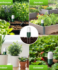 WiFi Soil Moisture And Temperature Sensor For Lawn And Garden No Hub Required, shown in greenhouse, garden, indoor, and outdoor settings