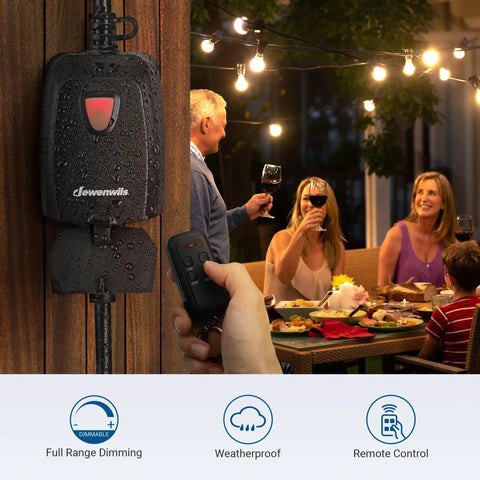 Outdoor String Light Dimmer With Remote Control Weatherproof Plug In Dimmer Switch used during a family dinner outside.