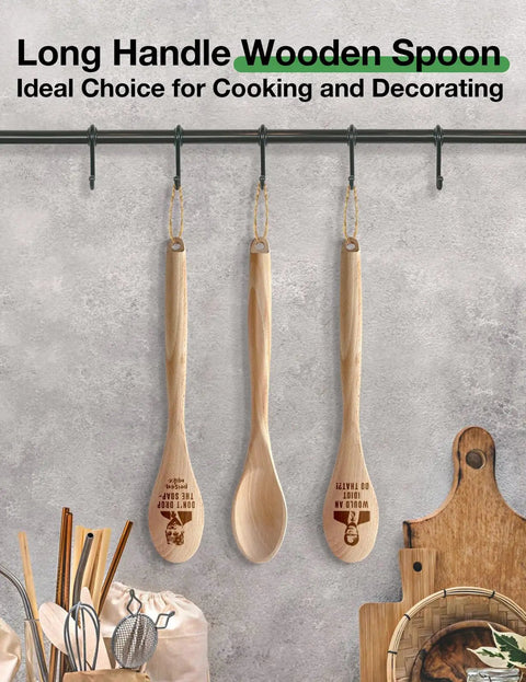 Three engraved wooden spoons hanging on a rack, 2 Piece Funny Wooden Spoons For Cooking The Office TV Show Gift Engraved Wood Spoons Kitchen Decor Accessories Housewarming Gifts For Chef Women Fans Lit For Kitchen Lovers And Spoons Collectors.
