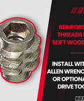Zinc Hex-Flush Threaded Inserts For Soft Wood, 10-24 Internal Threads, 0.512 Inch Length, Hex Drive, Pack Of 50