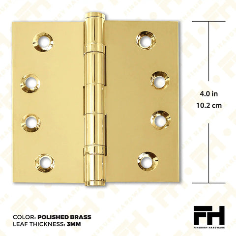 Solid Brass Door Hinge Set With Heavy Duty Ball Bearing 4x4 Inch Polished Shiny Gold Finish Decorative Screw On Tips Included Durable Hardware For Heavy Doors Set Of 3 Hinges