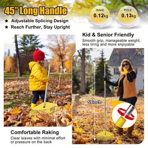 Unbreakable Nylon Leaf Rake With 16.5 Inch Wide Head And 45 Inch Long Handle Lightweight Yard Tool in use by kids and adults in a park setting.